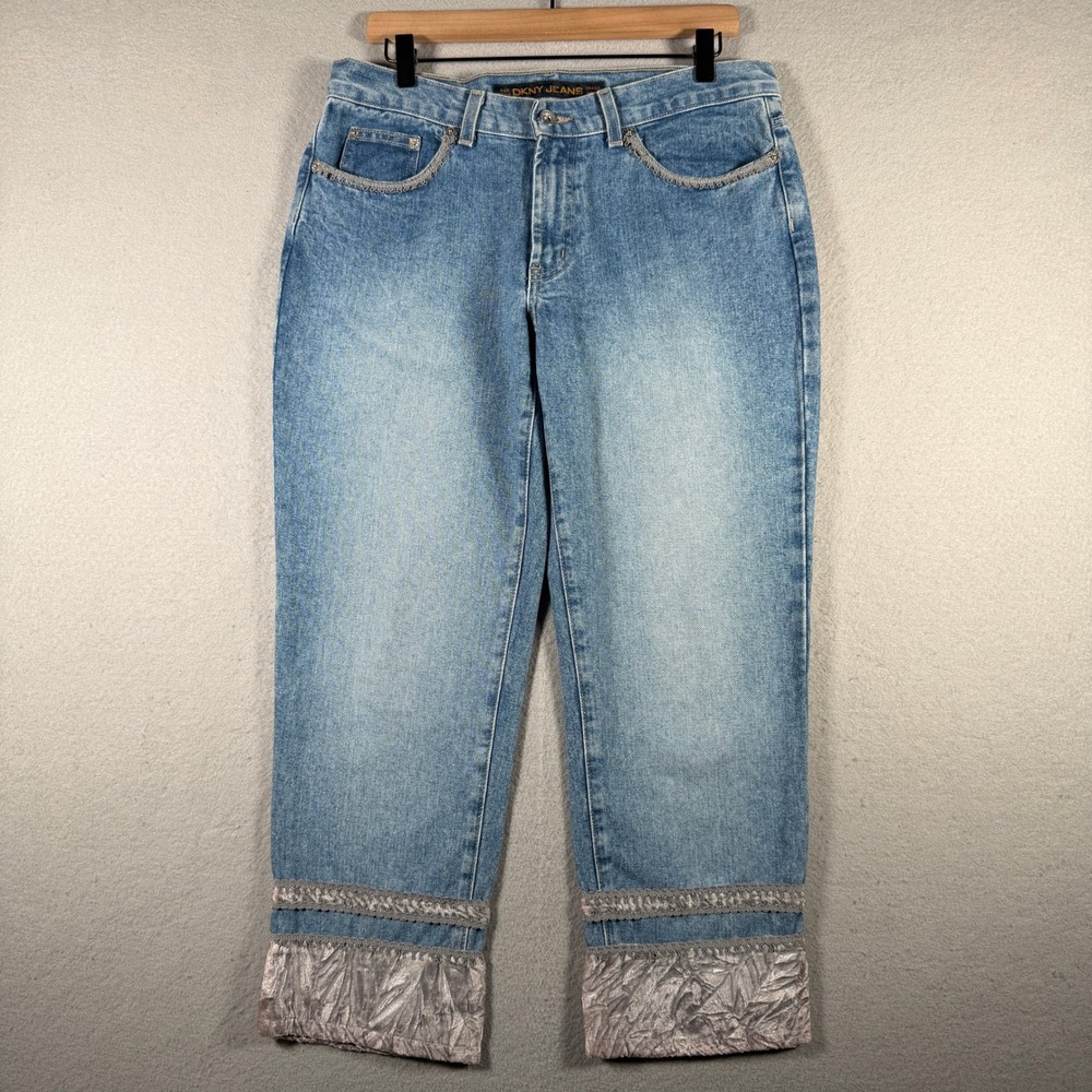 DKNY Jeans Womens 12 Blue Denim Metallic Trim Straight Leg Pants Made in USA